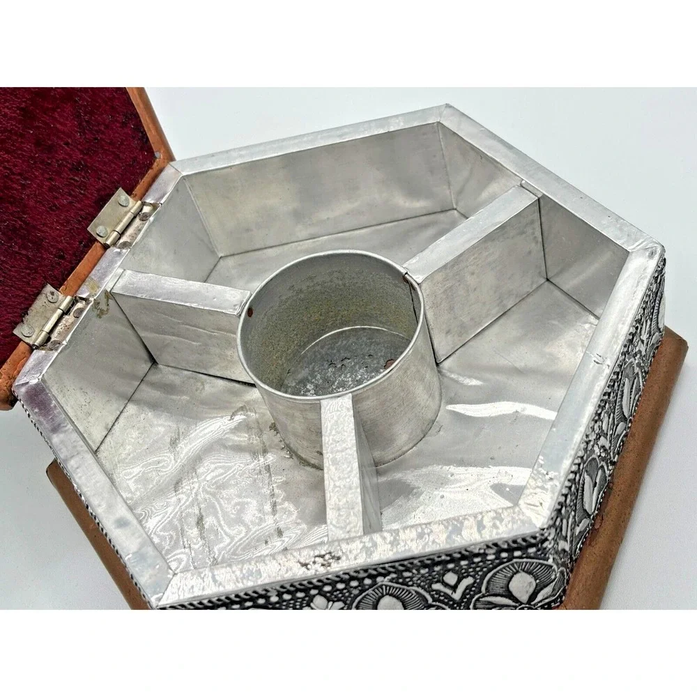 Vintage Embossed Silver Copper & Metal Hexagonal Trinket Box‎ 4 Compartment